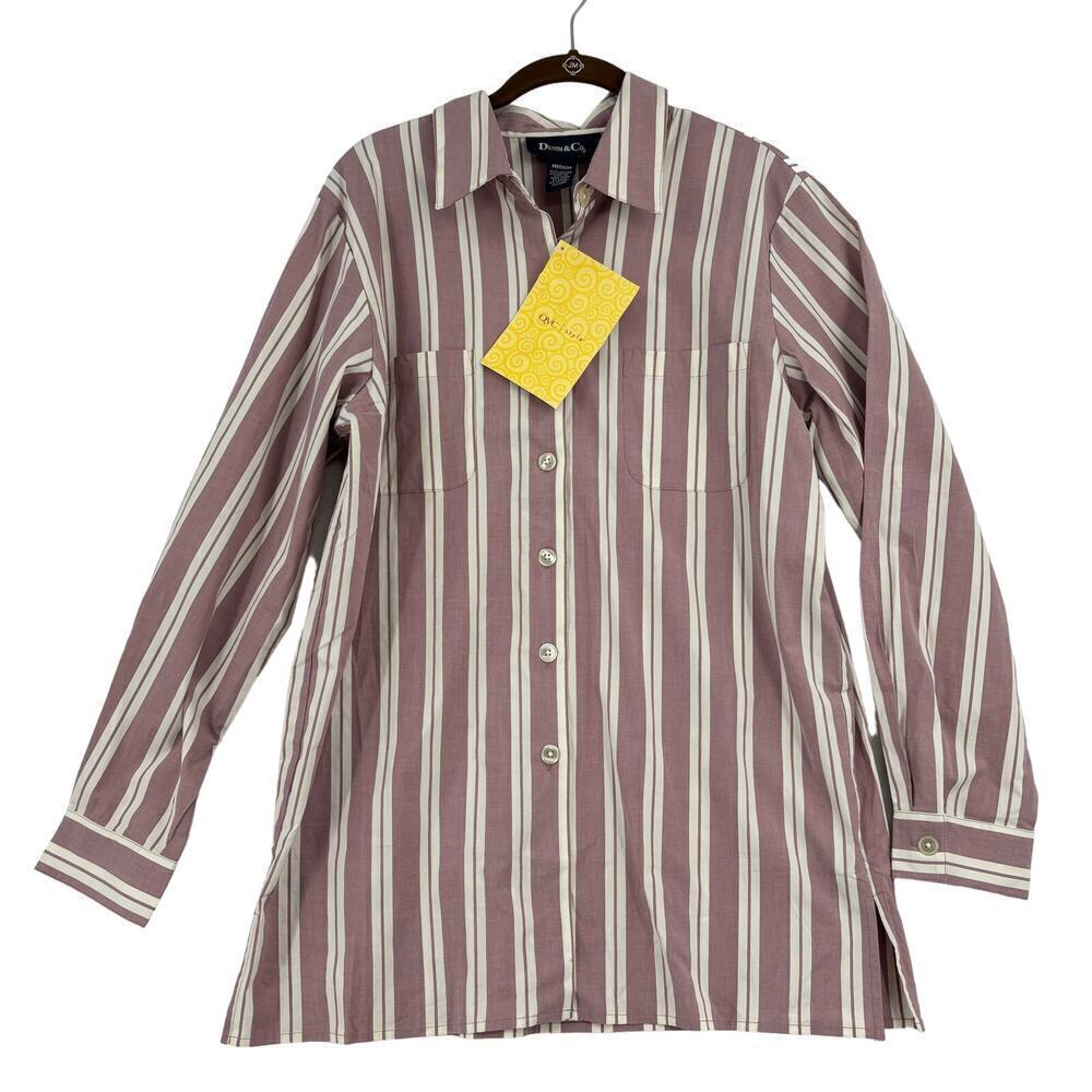Denim & Co. Button Down Blouse Big Shirt Stretch‎ Berry Red White Stripe Size M